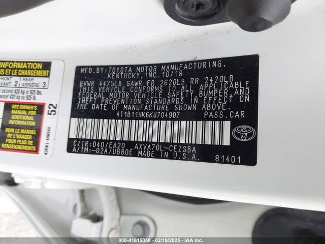 4T1B11HK6KU704907 Toyota CAMRY SE