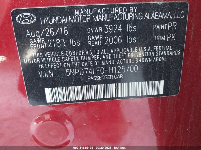 5NPD74LF0HH125700 Hyundai ELANTRA SE