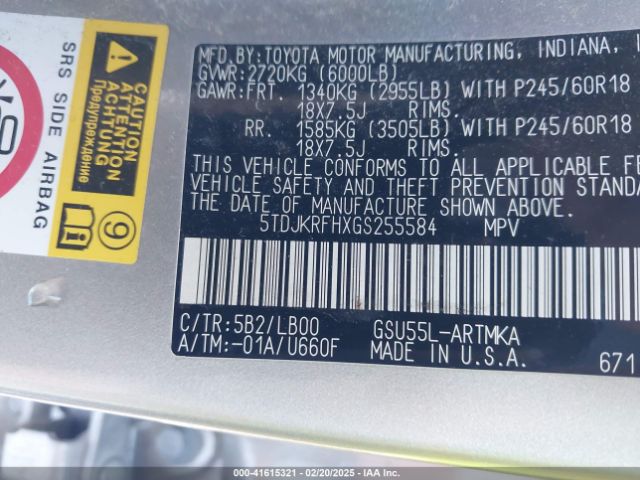 5TDJKRFHXGS255584 Toyota Highlander Xle V6