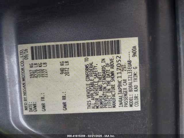 1N4AL3AP9HC117052 Nissan Altima 2.5/2.5 S/2.5 Sl/2.5 Sr/2.5 Sv