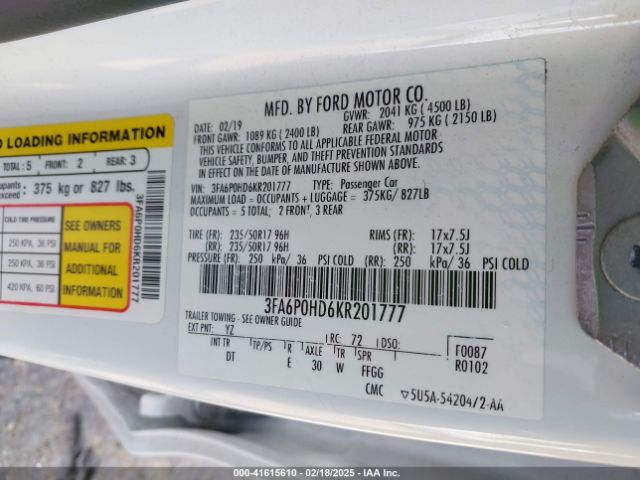 3FA6P0HD6KR201777 Ford FUSION SE