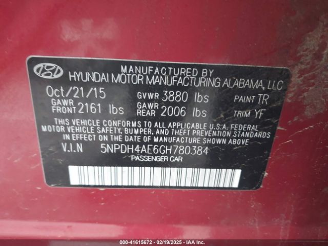 5NPDH4AE6GH780384 Hyundai ELANTRA SE