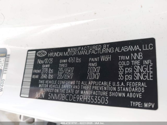 5NMJBCDE9RH353503 Hyundai TUCSON SEL