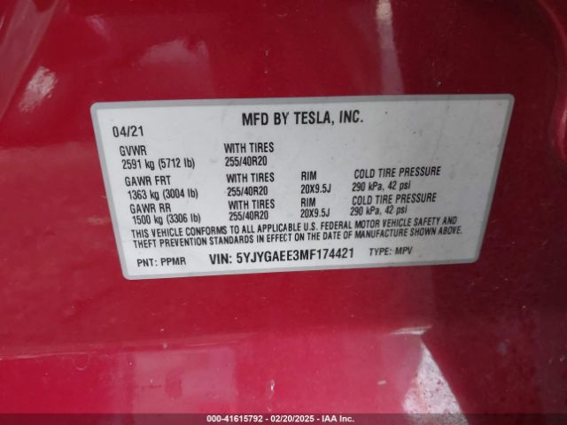 5YJYGAEE3MF174421 Tesla Model Y Long Range Dual Motor All-wheel Drive