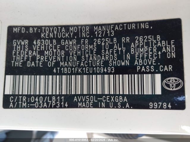 4T1BD1FK1EU109493 Toyota Camry Hybrid Xle
