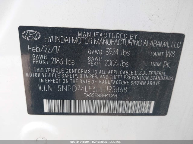 5NPD74LF3HH195868 Hyundai ELANTRA SE