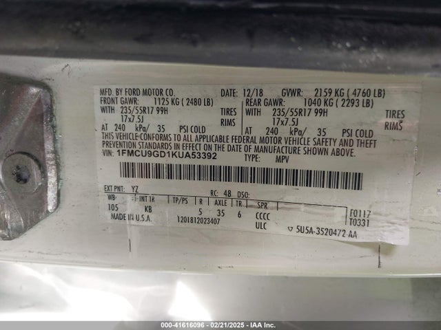 1FMCU9GD1KUA53392 Ford ESCAPE SE