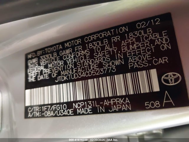 Aukcja sprzedaży 2012 Toyota Yaris Le, vin: JTDKTUD34CD523773, numer aukcji: 41616220