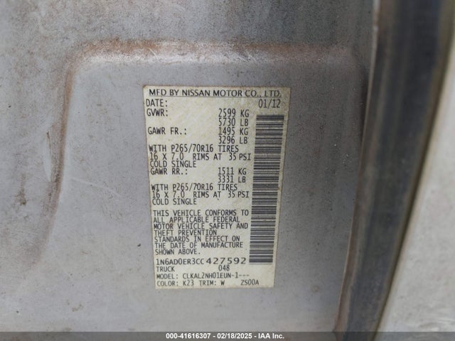 Продаж на аукціоні авто 2012 Nissan Frontier Sv, vin: 1N6AD0ER3CC427592, номер лоту: 41616307