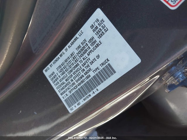 Honda Ridgeline Rts 2017 5FPYK3F49HB011804 Image 8