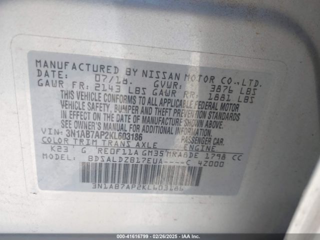 3N1AB7AP2KL603186 Nissan SENTRA SV