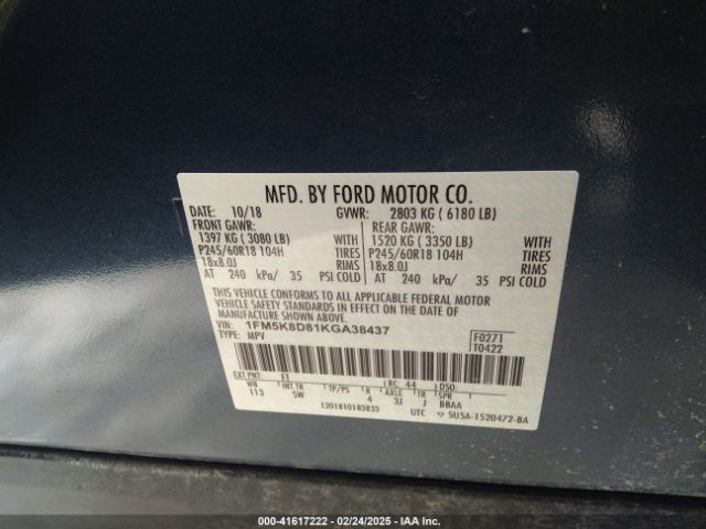 1FM5K8D81KGA38437 Ford EXPLORER XLT