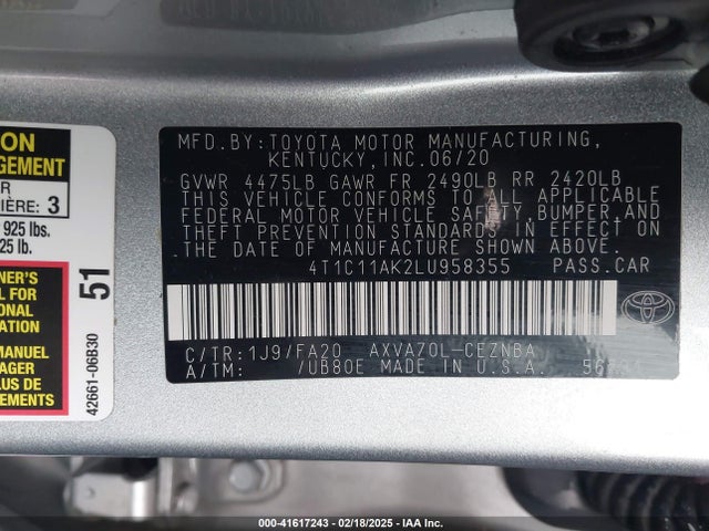 Toyota CAMRY LE 2020 4T1C11AK2LU958355 Image 9