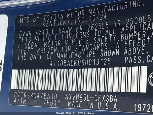 4T1DBADK0SU013125 Toyota CAMRY SE