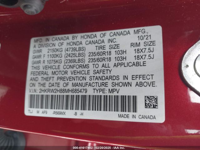 2HKRW2H88MH685479 Honda Cr-v Awd Ex-l