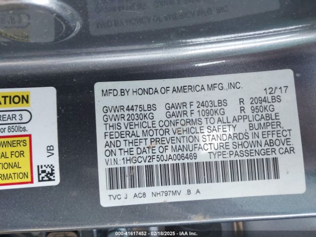 1HGCV2F50JA006469 Honda Accord Ex-l 2.0t
