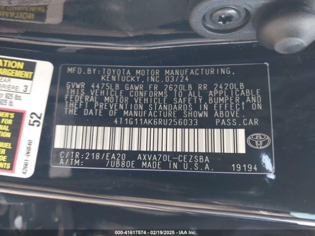 4T1G11AK6RU256033 Toyota CAMRY SE