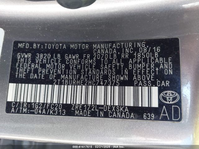 2T1BURHE2HC747375 Toyota Corolla L/le/xle/se/xse