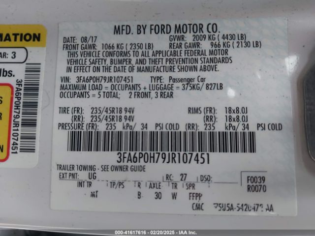 3FA6P0H79JR107451 Ford FUSION SE