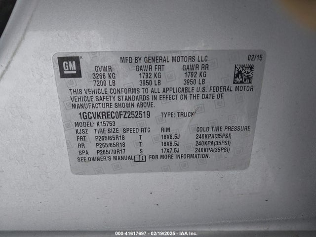1GCVKREC0FZ252519 Chevrolet Silverado 1500 2lt