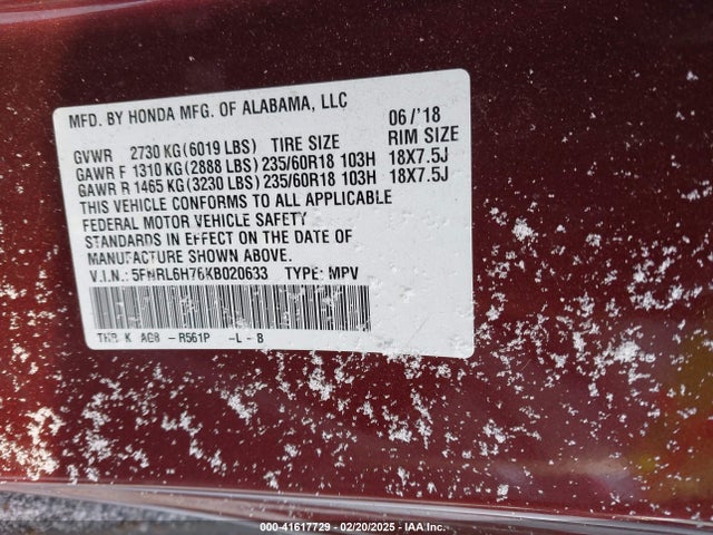 5FNRL6H76KB020633 Honda Odyssey Ex-l