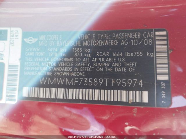 2009 MINI COOPER S WMWMF73589TT95974 Photo 8