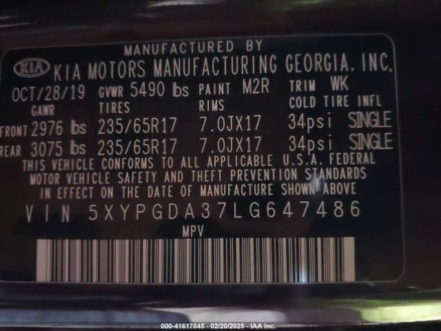 5XYPGDA37LG647486 KIA Sorento 2.4l Lx