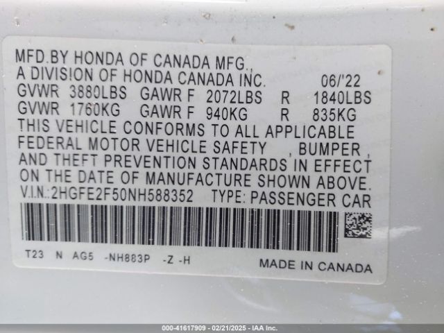 2HGFE2F50NH588352 Honda Civic Sport
