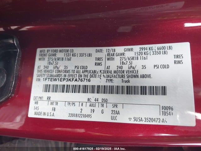 1FTEW1EP3KFA76716 Ford F-150 Xlt