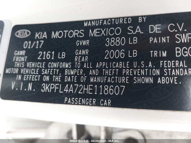 3KPFL4A72HE118607 KIA FORTE LX