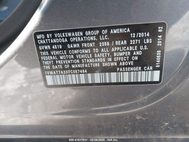 1VWAT7A3XFC057484 Volkswagen Passat 1.8t Wolfsburg Edition