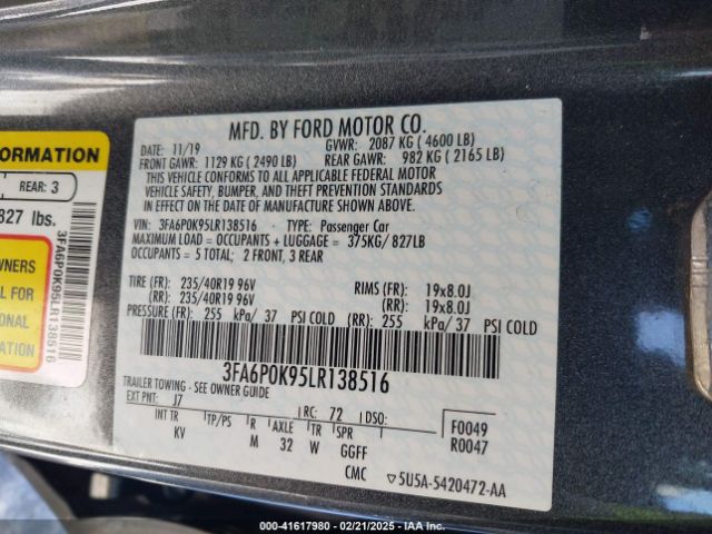 3FA6P0K95LR138516 Ford Fusion Titanium
