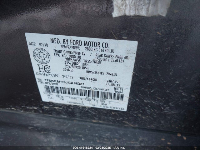 1FM5K8F89JGA86327 Ford Explorer Limited