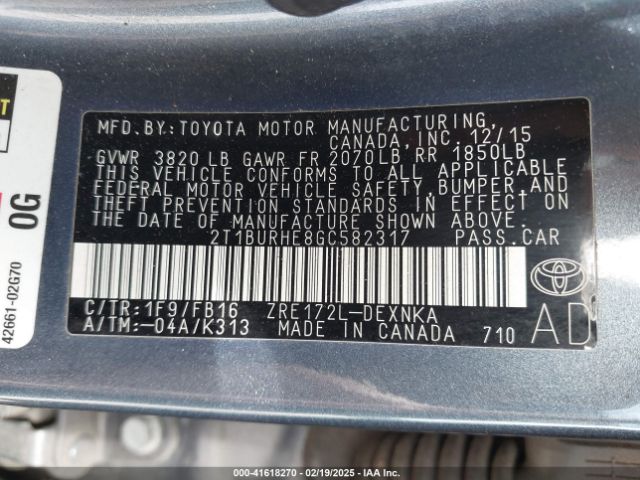2T1BURHE8GC582317 Toyota COROLLA LE