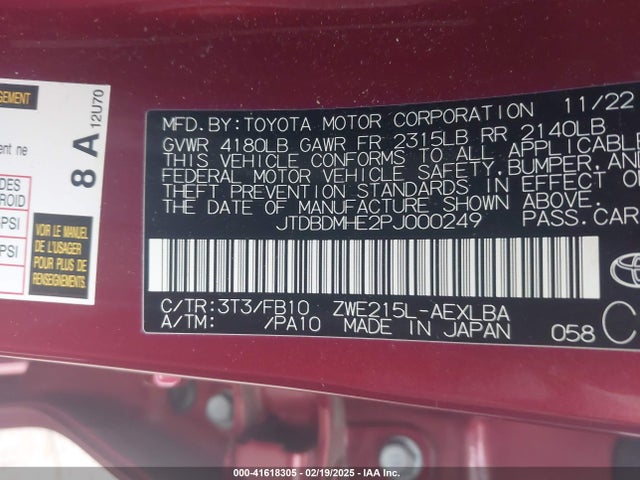 JTDBDMHE2PJ000249 Toyota Corolla Hybrid Le