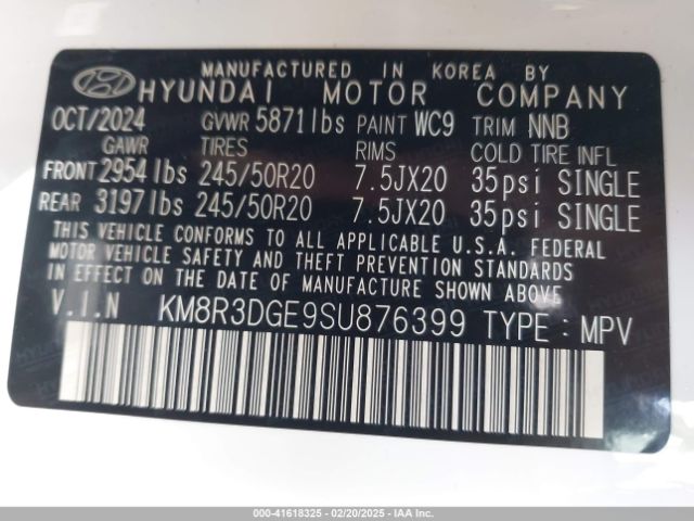 KM8R3DGE9SU876399 Hyundai Palisade Xrt