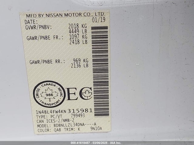 1N4BL4FW4KN315981 Nissan Altima 2.5 Platinum