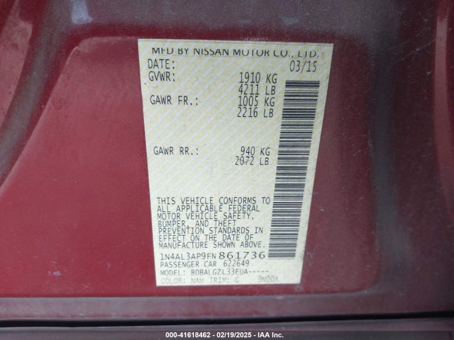 1N4AL3AP9FN861736 Nissan Altima 2.5 S