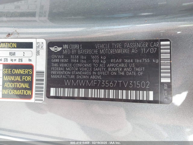 2007 MINI COOPER S WMWMF73567TV31502 Photo 8