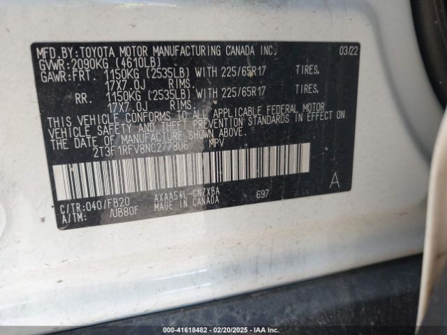 2T3F1RFV8NC277806 Toyota RAV4 LE