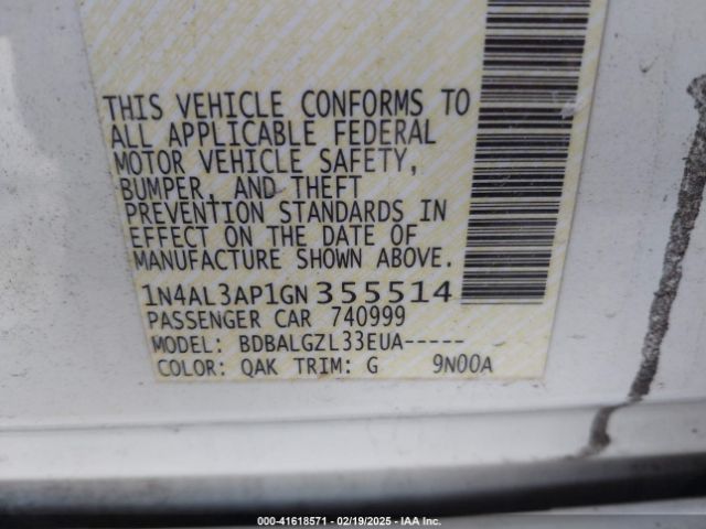 1N4AL3AP1GN355514 Nissan Altima 2.5/2.5 S/2.5 Sl/2.5 Sr/2.5 Sv