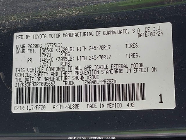 3TYKB5FN3RT005663 Toyota Tacoma Sr5 2wd