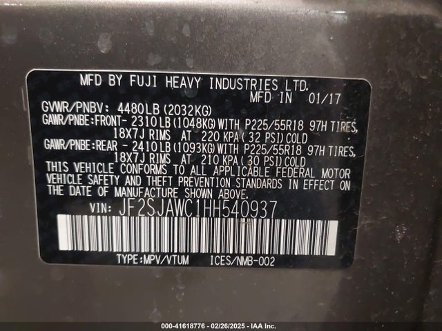 JF2SJAWC1HH540937 Subaru Forester 2.5i Touring