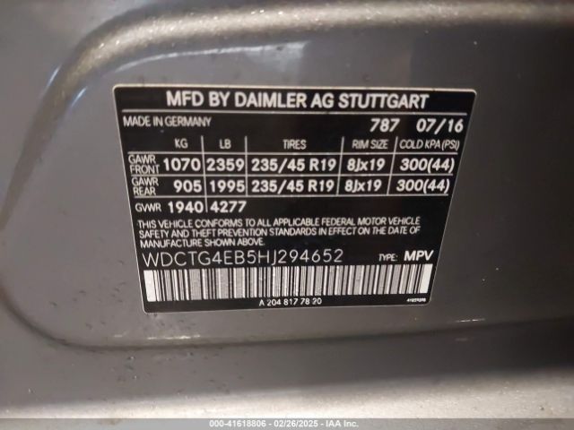 WDCTG4EB5HJ294652 Mercedes-Benz GLA 250