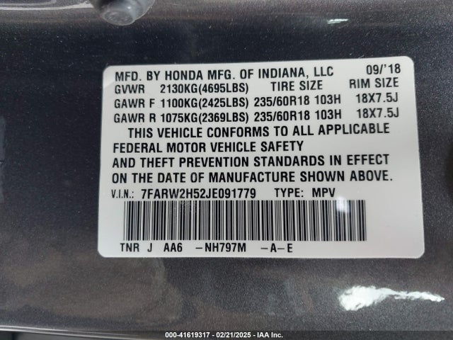 7FARW2H52JE091779 Honda CR-V EX