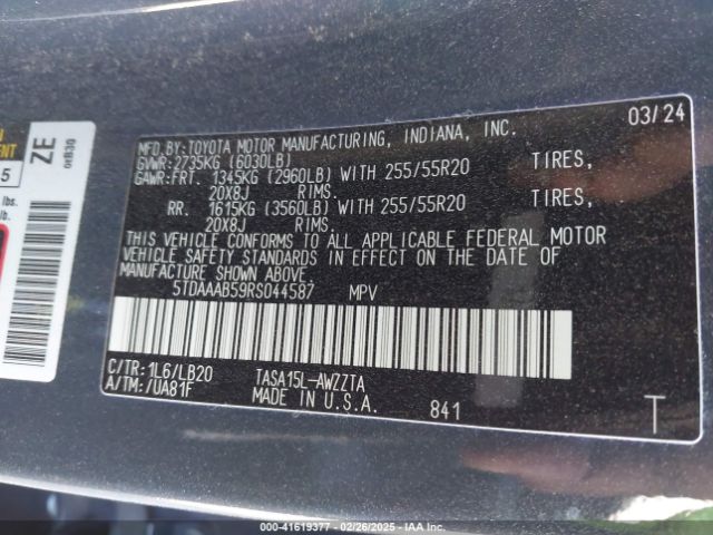 5TDAAAB59RS044587 Toyota Grand Highlander Platinum