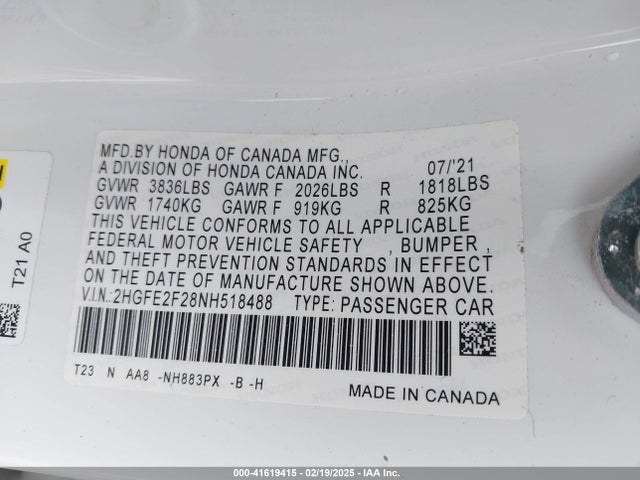 2HGFE2F28NH518488 Honda Civic Lx