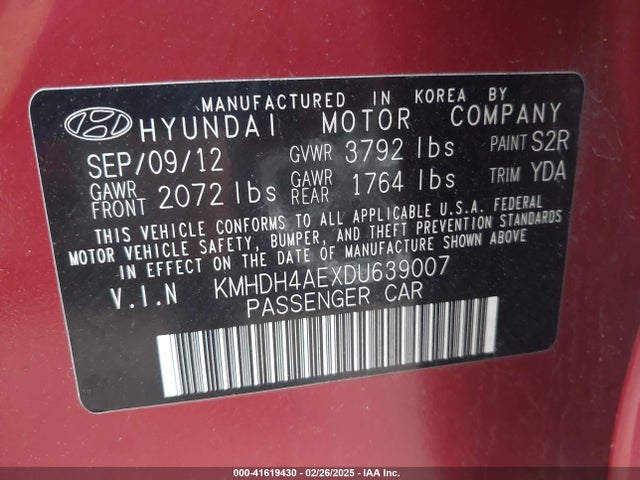 Aukcja sprzedaży 2013 Hyundai Elantra Limited, vin: KMHDH4AEXDU639007, numer aukcji: 41619430