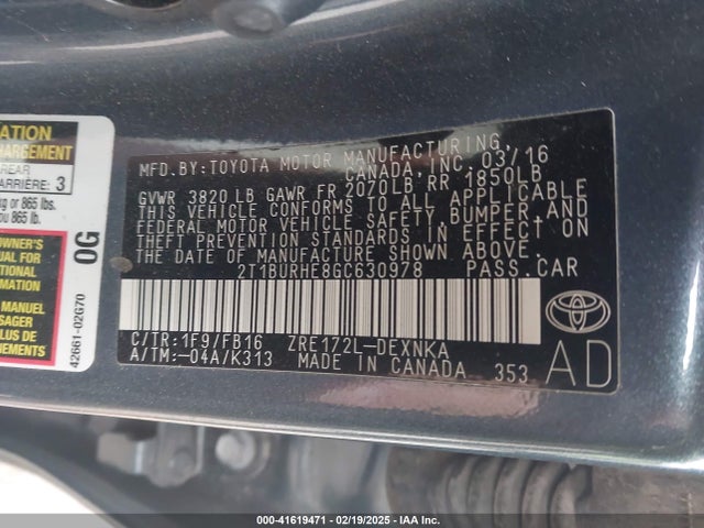 2T1BURHE8GC630978 Toyota COROLLA LE