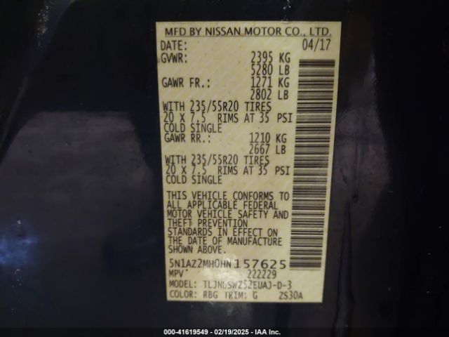 5N1AZ2MH0HN157625 Nissan Murano Platinum